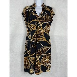 Vintage Cache Dress Womens Large Black Brown Sheath V-Neck Chain Print